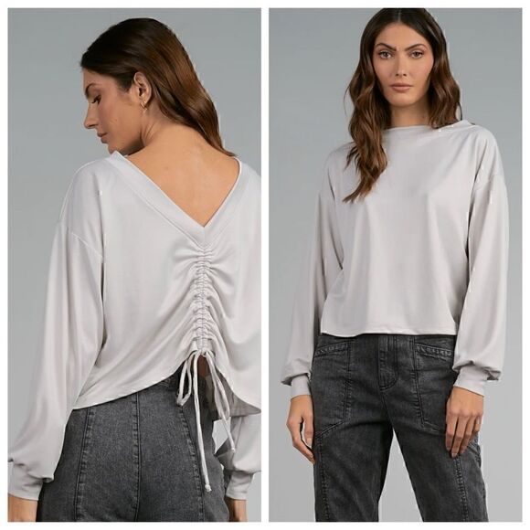 Elan Top Womens size Medium pull string V Neck Gray Stone pullover New - Picture 2 of 13